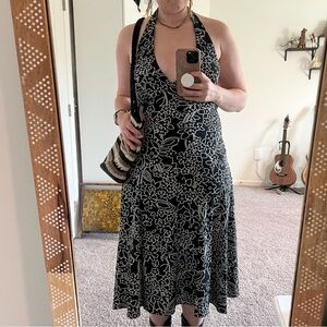 Vintage 90s/Y2K London Times Black & White Floral Halter Midi Dress 🖤🤍